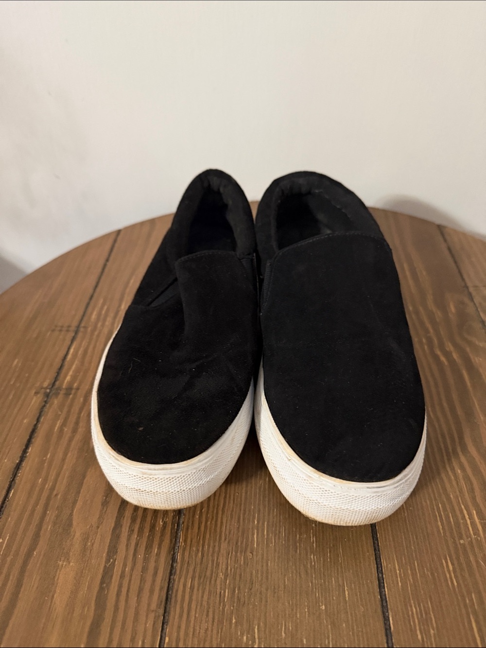 Soda Black Suede Slip-On Sneakers with White Platform